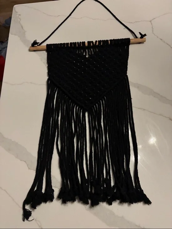 Black Macrame Wall Hanging with Wooden Dowel - Picture 1 of 2